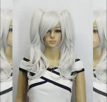 doprava zdarma Ženy cosplay Dlouhé rovné vlnité stříbrná bílá dvěma clip-on ohonu vlasy plné paruku