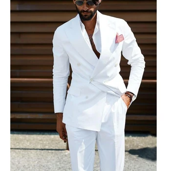 Dvojí Breasted Pánské Obleky Bílé Slim Fit Svatební Oblek pro Ženicha 2 Ks Ležérní Styl Muž Móda Bunda s Kalhoty 2023