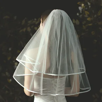 Dvouvrstvý svatební závoj zabalené saténové tkaniny bílé gázy jednoduchá maska cestování fotografie svatební nevěsta