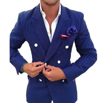 Dvouřadový Modrý Proužky Pánské Sako Slim Fit Vrchol Klopě Sako Na Zakázku Kusů Gentleman Formální Kabát