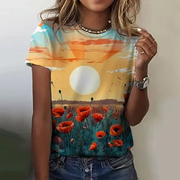 Dámské Sportovní Tričko Dámské Oblečení Outdoor Letní Top 3D Tištěný Květinový Vzor Krátký Rukáv Ležérní Nadrozměrné T-Shirt