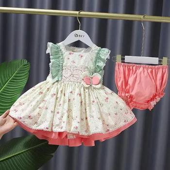 Dítě dívka letní květinové šaty děti bez rukávů španělské luk tištěné plesové šaty šaty