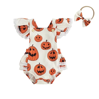Dítě Dívky 2ks kostým na Halloween Dýně Tisk Prohrábnout Romper s Čelenka Set Novorozence Oblečení