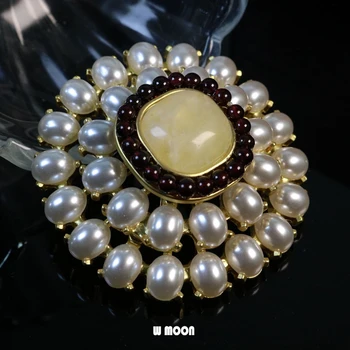 Elegantní Granát Pearl Brože Měď pozlacená 18K Gold Luxusní Hrudníku Kolíky Jednoduché Módní Šperky
