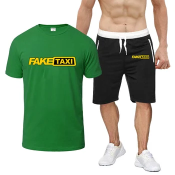 Fake taxi tisk módní 2023 nové pánské letní jednobarevné s krátkým rukávem osm-barva prodyšný neformální T-shirt, tepláky 2-koláč