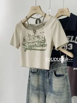 Falešné 2 ks Vintage T-shirt Dámské Slim Krátký Rukáv Plodin Topy Trička Y2k Streetwear Móda Oblečení korejské Styel Tee Horní