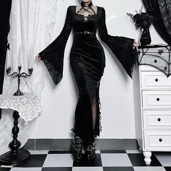 Goth Tmavě Obvaz Mall Gothic Čarodějnice Elegantní Šaty Grunge Estetické Sexy Rozdělit Večerní Midi Šaty Ženy Sametový Alt Party Oblečení