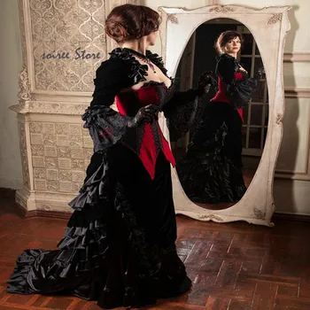 Gothic Fantasy Svatební Šaty S Bunda Červená Černá Miláček Dlouhý Rukáv Boho Viktoriánské Kostým, Korzet, Svatební Šaty Nevěsta 2023