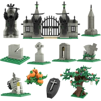 Halloween MOC Hřbitov Stavební Bloky Zdi Náhrobní kámen, Lebka, Duch Rakev Cihly Hračky Kreativní Děti, Dárky, Kompatibilní S LEGO