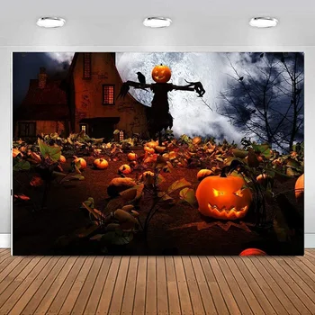 Halloween Pozadí Dýně Farmě Starého Domu Muže, Úplněk Černý Mrak Pastviny Sazenice Fotografie, Pozadí, Banner, Dekorace