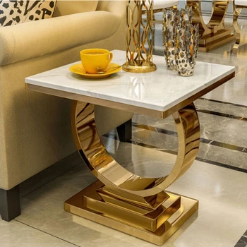 High-End Luxusní Konferenční Stolek Mramor Lesklý Zlatý Stojan Obývací Pokoj Pohovka Okraji Rohu Stolu, Hotel Square Tea Table