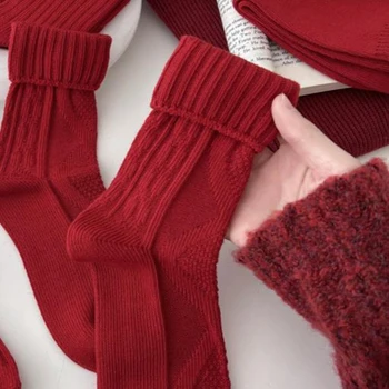 Hodně Štěstí Červené Ponožky Vánoce Nový Rok Ponožky Dámské Ležérní Podzim Zimní Teplé Bavlněné Ponožky Holky Japonském Stylu Střední Ponožky
