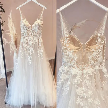 Iluze-Line Tyl Svatební Šaty s 3D Krajky Nášivky V-Neck Popruhy s hlubokým Výstřihem Long Beach Svatební Šaty roku 2023 vestidos de novia