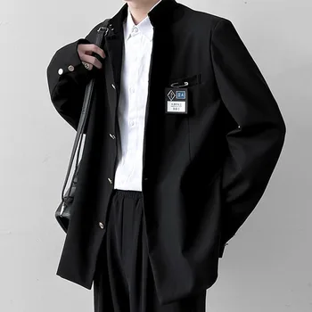 Japonsko Styl Školní Uniforma Sako Stojan Límec Muži Tunika Oblek Bunda DK Kostým Pánská Černý Kabát S Jmenovitým Vysoké Provedení