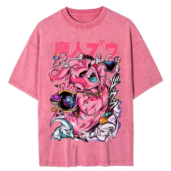 Japonské Anime Dragon Ball Tisk T Košile Muži Vintage Vyprané Tričko Růžové Krátký Rukáv Bavlněné Topy Tričko Harajuku Hip Hop Streetwear