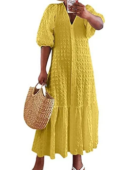 Jednobarevné Letní Šaty-Košile Ženy Neformální Polovina Rukáv V Krku Tlačítko Dolů Skládaný Dlouhé Šaty Dámské Bohemian Femme Vestido Roucho