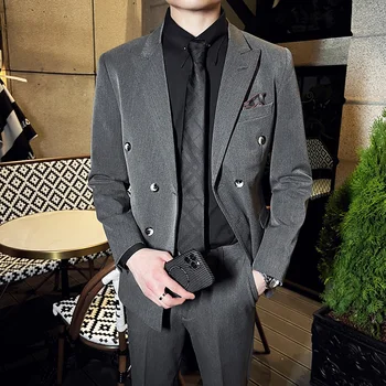 Jemné čtyři roční období (oblek + kalhoty) pánské high-end Britské korejská verze Slim jednobarevné ležérní oblek dvoudílný