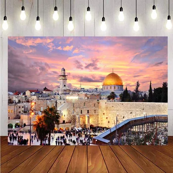 Jeruzalém, Město, Pozadí, Západ Slunce Dome Of The Rock Panoráma Narozeninovou Oslavu Fotografie, Pozadí Pro Photo Studio