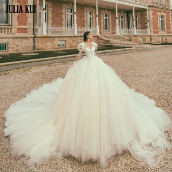 Julia Kui Luxusní Hedvábné Tyly, Výšivky Nášivky Krajky Puff Ball Šaty Svatební Šaty Plný Rukáv Pro Nevěsty
