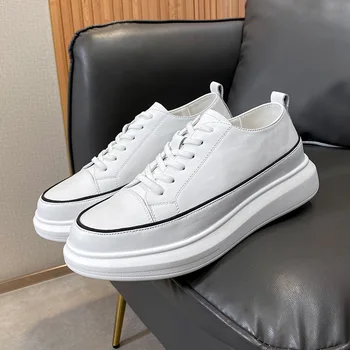Korejský návrhář ležérní pánské bílé boty krajka-up měkké kožené boty, mladý dospívající streetwear platforma tenisky prodyšná obuv