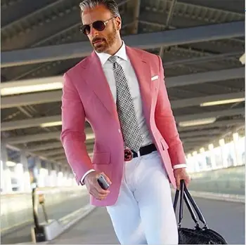 Kostým Homme Hot Pink Oblek Mužů Formální Sako Muži Oblek S Bílými Kalhoty Smart Casual Business Terno Slim Fit Oblek 2 Ks