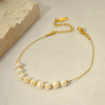 Kouzlo Luxusní Přírodní Sladkovodní Pearl Náramek pro Ženy Minimalistický Kpop 18K Pozlacené Korálky Řetěz z Nerezové Oceli Šperky