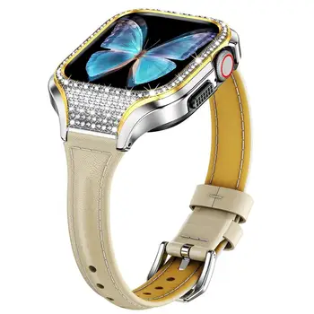 Kovové Bling Pouzdro+Kožený Popruh Pro Apple Watch Band 41 mm 40 mm z Nerezové Oceli Diamond kryt+náramek iwatch série se 7 6 5 4 8