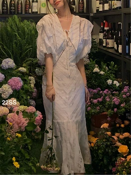 Krajkové Midi Bílé Šaty Ženy Letní 2023 Nové Módní Vintage Elegantní Elegantní Dáma Vestdios Ženy Večerní Party Svatební Ples Šaty