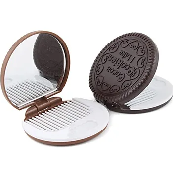 L368 1ks Cookie ve Tvaru Čokoládové Mini Make-up Zrcátko Kompaktní Kapesní Zrcátko Přenosný Skládací Kosmetické Zrcadlo S 1ks Hřeben Ženy