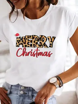 Leopard Dopis Trend Styl Vánoční Krátké kalhoty Sleeve Tee Dámské Oblečení, Dovolenou, Módní Nový Rok Print T Ženského Grafické T-košile