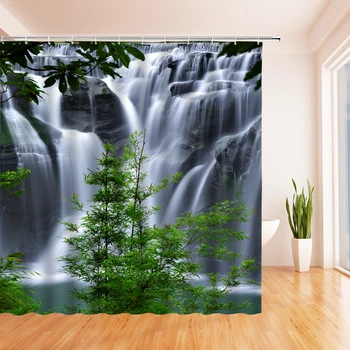 Lesní Vodopád Sprchový Závěs Přírodě, deštný Prales, Green Tree landscape Koupelna Dekorace Nepromokavé Tkaniny Sprchový Závěs