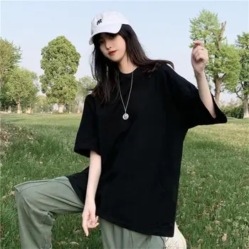 Letní jednobarevné Krátký Rukáv Bavlna T-shirt Ženy Instagram Letní Volné Univerzální Zeštíhlující Spodní Horní Přítel Styl