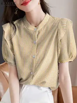 Letní Korean Módní Pruhované Halenka Ženy Elegantní s Krátkým Rukávem Volánky Shirt 2023 ZANZEA Elegantní OL Práce Tlačítka Topy Blusas