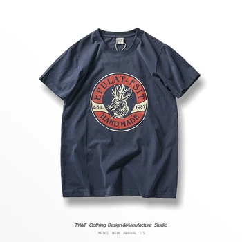 Letní New American Retro s Krátkým rukávem O-neck Paroh Tištěné T-shirt Pánské Módní Jednoduchý 100% Bavlna Prát Ležérní Sportovní Topy