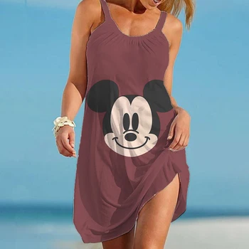 Letní Tisk Šaty Pro Ženy 2022 Disney-Mickey A Minnie Dámské Plážové Šaty Sexy Volné Módní Závěs Seaside Beach s hlubokým Výstřihem
