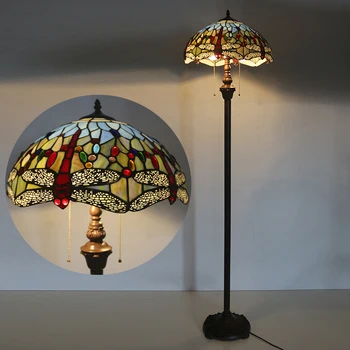 LongHuiJing 16 Inch Tiffany Stojací Lampa s Ručně vyráběné Barevné s Offwhite Vážka Vzor Odstín