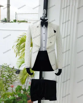 Luxusní Pánské Obleky na Míru, 2 Kusy, Bílé Sako a Černé Kalhoty Jedno Tlačítko, Široký Klopový Korálky Formální Plus Velikost Smoking Zakázku