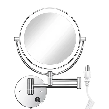 Make-up Zrcadlo Závěsné Zrcadlo Kulaté Oboustranné 1X/10X Zvětšovací S Tlačítko Světlo 360 Otočná-Chrome US Plug