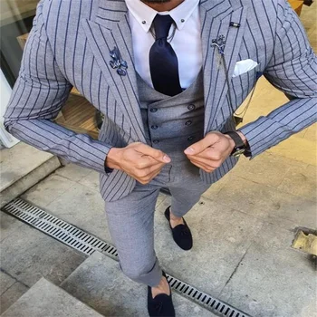 Manšestr Pánské Obleky, 3 Ks Royal Grey Na Zakázku Svatební Obleky Britské Klopě Bavlna Vysoce Kvalitní Pohledný Obchodní Kabát+Kalhoty