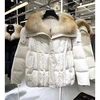 MENINA BONITA 2023 Módní Zimní Ženy Bílá Kachna Dolů Bunda Přirozené Real Fox Kožešiny Límec Teplé Volné Tlusté Oblečení Streetwear
