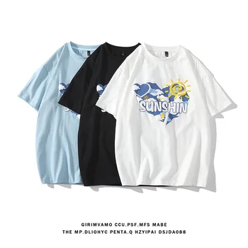 Milující Srdce Tisk T-Shirt Dospívající Muži Letní Kauzální Tenký Denně Půl Rukáv All-zápas Trend Bavlna Modrá Dlouhe O-neck Top Samec