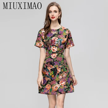 MIUXIMAO 2023 Žena Oblečení bez Rukávů Růže Květ Flitry Nad Kolena Retro Jeden Kus Šaty dámské Luxusní Party Šaty