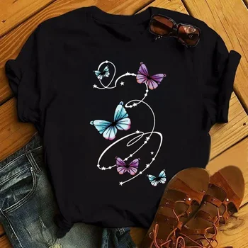 Motýl a Hvězda Tištěné T Košile Módní Ženy T-shirt Ženy Ležérní Krátký Rukáv Topy Lady Dívky Letní Trička Streetwear