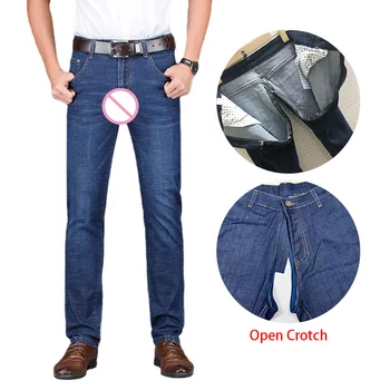 Muž Venkovní Sex Otevřený Rozkrok Džíny Erotické Skrytý Zip Crotchless Dlouhé Kalhoty Nízký Pas Elastický Pár Hra Gay Skinny Kalhoty