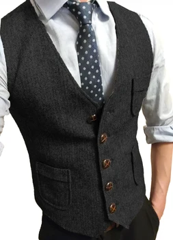 Muži Formální Oblek Vesta V-Neck Tvídu se vzorem Rybí kosti Vesta Business Dress Suit Vesty Business Šaty Oblek Pro Svatební Vesty