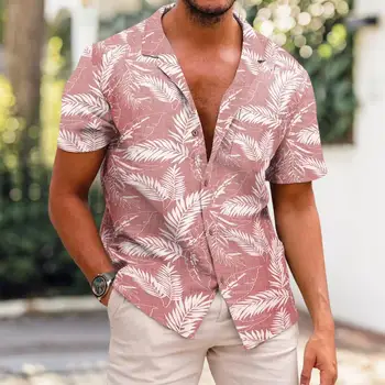 Muži Letní Klopě Krátký Rukáv Tričko Top Listy Print Single Breasted Tenké Hawaiian Beach Neformální Streetwear Tričko Bavlna Povlečení