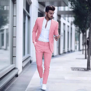 Muži Ležérní Móda Luxusní Obchodní muž Oblek pro Svatební Party Smokingy Slim Fit, Klopy Růžová Mužské Obleky(Bunda+Kalhoty)