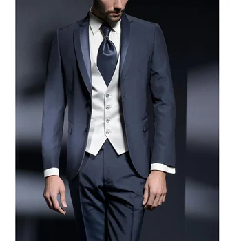 Muži Obleky Pro Svatby 2023 Terno Elegantní Formální Sako Hombre Kostým Bílá Vesta Tmavě Modré Sako, Kalhoty Tři Kus Slim Fit