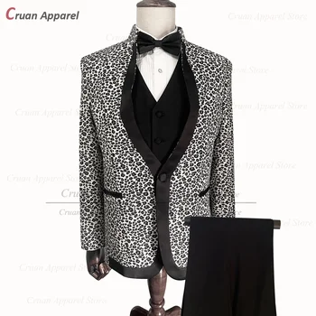 Módní Obleky pro Muže 3 Kusy Black White Leopard Tisk Sako s Vestou, Kalhoty Sada Luxusní Stand-up límec Ples Svatební Obleky