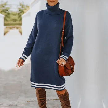 Nejnovější styl 2024Wool šaty podzim zima dámské vysoké krk dlouhý rukáv sukně pletené šaty